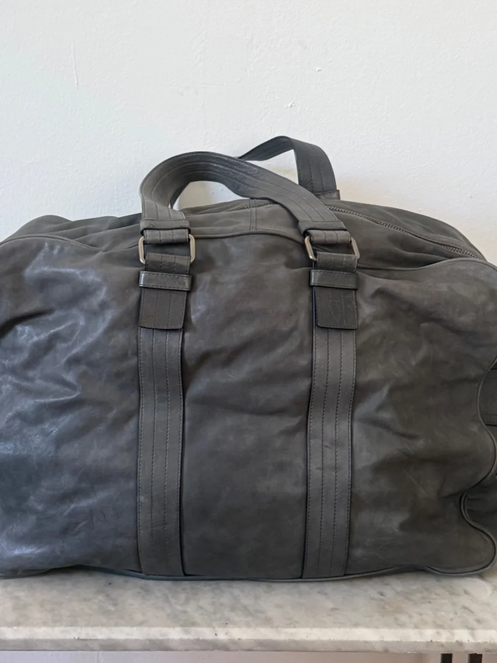 Bally Large Leather Weekender Duffle Bag Slate Blue Travel Carry-On